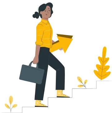 Illustration of a professional woman walking up a staircase while carrying a large upward-pointing arrow and a briefcase, symbolizing progress and organizational performance improvement.
